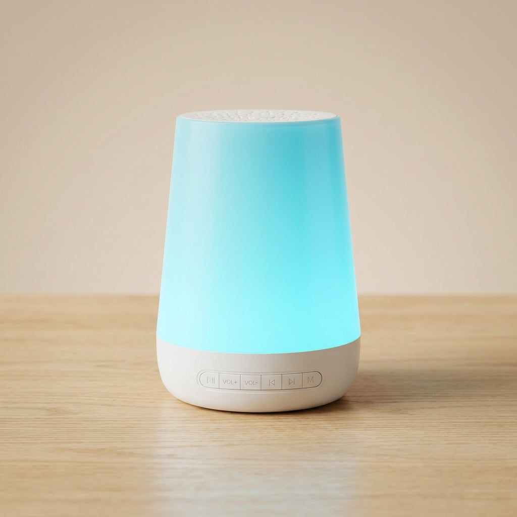 Smart lamp with blue light on a wooden surface